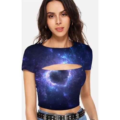Somepet Love T-shirt Women Couples Navel Bare Galaxy Shirt Print Womens Clothing Punk Rock Printed Slim O-Neck