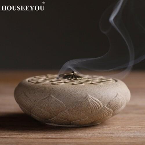 HOUSEEYOU Antique Purple Clay Sandalwood Incense Burner Copper Ring Sandalwood Furnace Living Tea Room Smell Removing Decoration