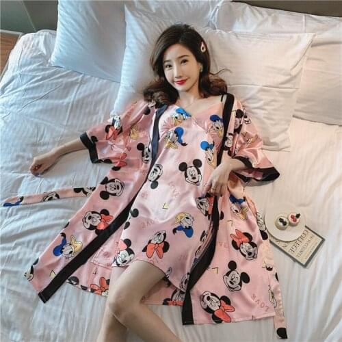 Disney Mickey Pajama Set Women Silk Sleepwear Pyjamas Pour Femme Autumn Nightwear with Slip Dress Casual Home Wear Robe Gown PJS