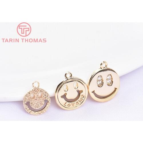 6PCS 10.5MM Hole 1MM 24K Gold Color Brass with Zircon Smiley Pendants Charms High Quality Diy Jewelry Findings Accessories