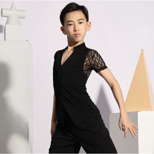 Summer Boys Latin Dance Shirts Kids Lace Backless Short Sleeve Dance Tops Ballroom Performance Sexy Children Dance Costumes 5054