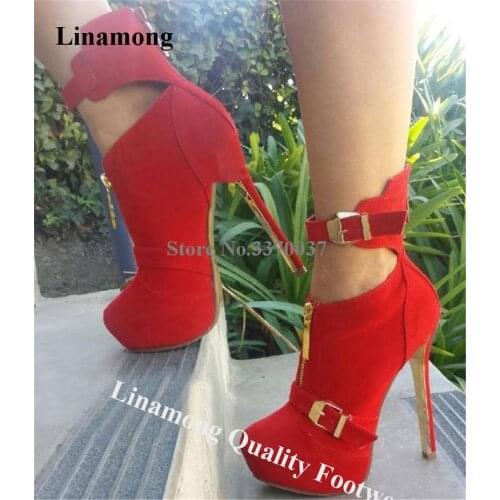 Linamong Elegant Fashion Round Toe Buckles Decorated High Platform Stiletto Heel Pumps Red Suede Leather High Heels Dress Heels