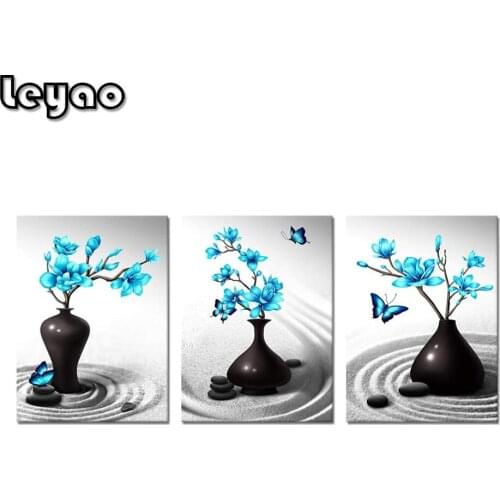 3 Pieces Set Black White Blue Flowers Magnolia Zen Sand Stone Diamond Painting Home Decor Triptych Full Square Drill Handcrafts