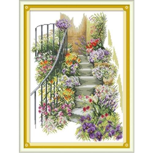 Flower stairs cross stitch kit aida 14ct 11ct count print canvas cross stitches needlework embroidery DIY handmade