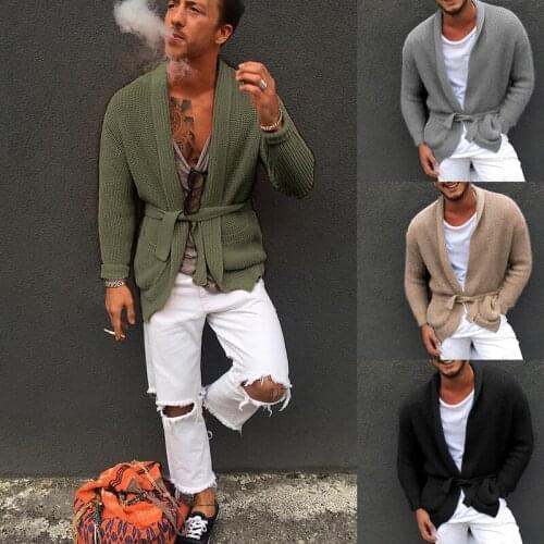 Newest Army Green Mens Cardigan Sweater with Belt Casual Knitted Sweaters For Men Fashion Solid Color Autumn Male Outerwear Tops