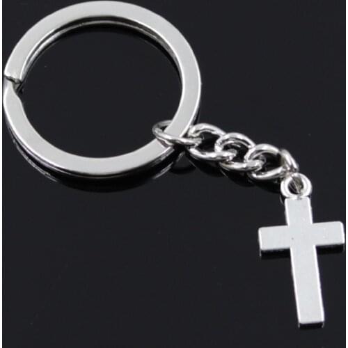 New Fashion Men 30mm Keychain DIY Metal Holder Chain Vintage Double Sided Cross 24x13mm Silver Color Pendant Car Keychain Gift