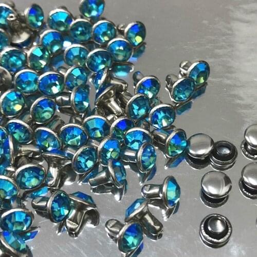 New 4MM 50Sets CZ++ Aquamarine Crystal AB Plated Rivets Silver Plated Studs Assorted Cabochon Rivets Fit for Leather-Craft