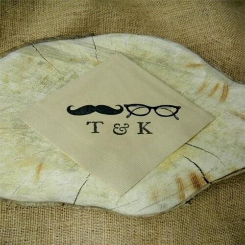 Personalized Large Initial Handlebar Mustache and Horn-rimmed Glasses 3 Ply Paper Light Burlap Wedding Napkins Cocktail Napkins