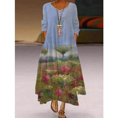 Women Vintage Print Daily Dresses Casual Loose Long Sleeve O-neck Plus Size Long Dress Femme Robe Temperament Dress Vestido