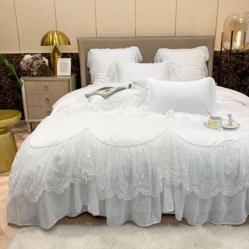 Luxury White Satin Egyptian Cotton Princess Wedding Chiffon Lace Ruffle Bedding Set Double Duvet Cover Set Bed Linen Pillowcases