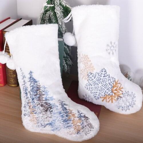 Christmas Party Decorations Stockings Pure White Large Embroidered Socks Tree Snowflake Gift Candy Bag