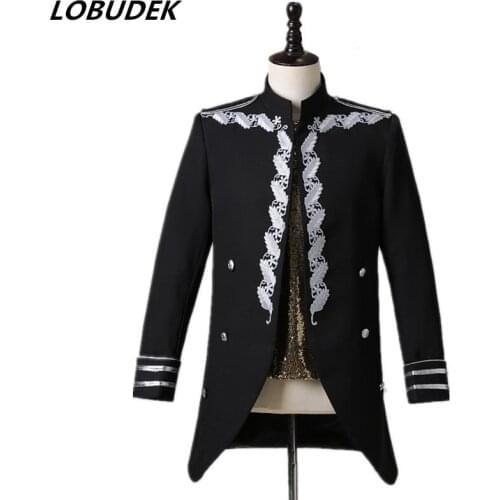 Vintage Court Dance Costume Male Singer Concert Stage Performance Embroidery Blazer Casual Slim Fit Long Coat Bar Punk Blazers