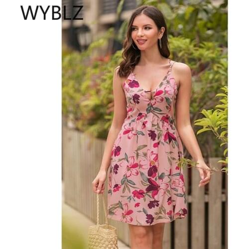 WYBLZ Sexy Sleeveless Mini Dress Women Dress Summer Casual Holiday Ladies Dresses Floral Print Beach Evening Party Sundress