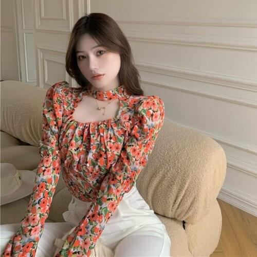 French Sweet Floral Blouse Women Puff Sleeve Elastic Ruched Blouses 2021 Spring Bohemian Print Vacation Tops