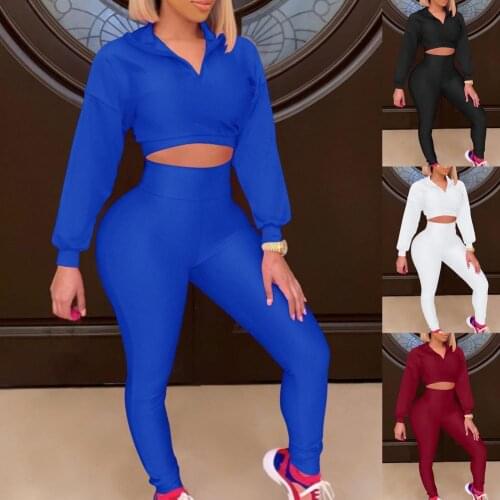 Women Sport Outfits Long-sleeved Lady Tracksuit Half Zip Solid Color Crop Top Slim Fit Two Piece Set Sport Outfits for Fitness