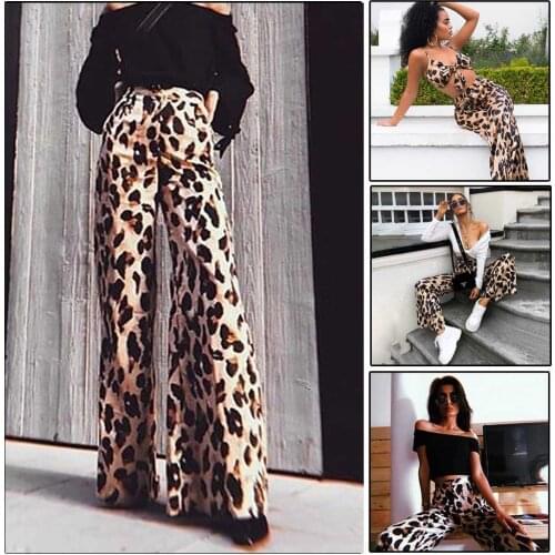 Women Fashion Loose Pants Lady Summer Casual High Waist Leapard Long Trousers Wide Leg Pants