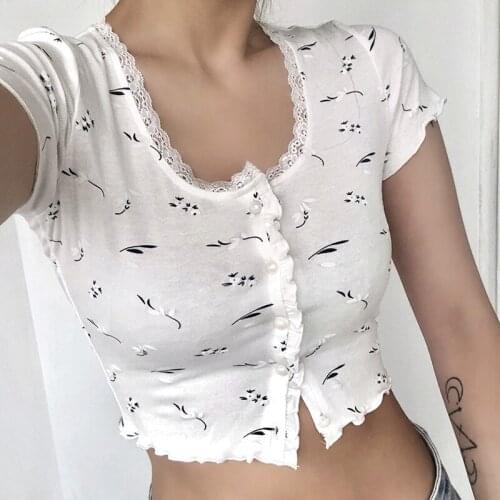 Womens Sweet Casual Summer Wild T-Shirt Short Sleeve Floral Printed Fresh Stylish Buttons Down U-Neck Slim Crop Tops