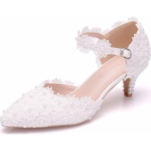Women sandals wedding Party Lace PU Rhinestones Buckle Strap 5.5Thin High heels Pointed Toe sandal women shoes size 35-42 white