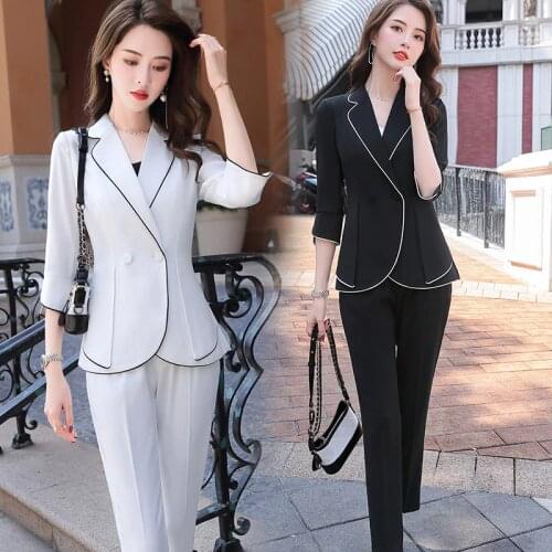 2020 Black White Fashion Female Elegant Womens Suit Set Blazer and Trouser Pant Business Uniform Clothing Lady Tops and Blouses