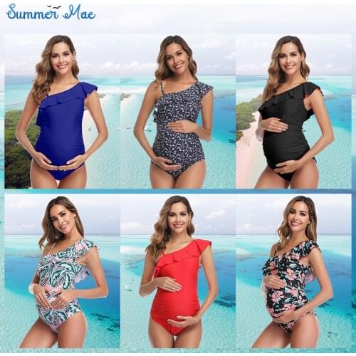 Women Maternity Swimwear One Shoulder Flounce One Piece Printing Bathing Suit