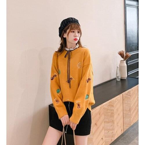 H9525 Women Embroidery Sweater Girl Korean Loose Casual College Pullover Female Long Sleeve Round Collar High Quality Jumper Top