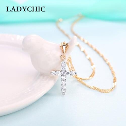 LADYCHIC Cute Cross Charm Necklace with Clear Zircon Crystal Elements Pendant Womens Round Gold Color Cross Jewelry Gift LN1077