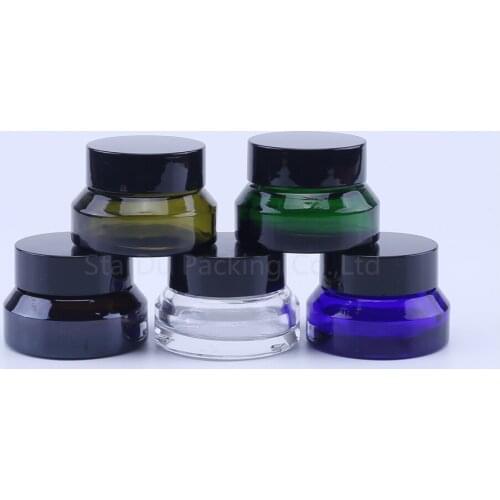 100pcs 15g Glass Cream Jars Cosmetic Packaging with black lid plastic caps & inner liners round empty small glass jars
