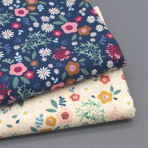 145x50cm Blue Yellow Floral Cotton Poplin Sewing Fabric, Making Childrens Skirt Dress Cloth