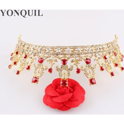 2020 New Arrival Baroque Crown Full Red Rhinestone Handmade Hair Bands Crystal Queen Crown Headband Bridal Wedding Hair Jewelry