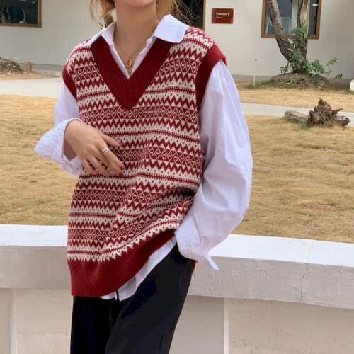 2021 Spring Autumn V-neck Sleeveless Sweater For Women Vest Striped Vintage Tops Harajuku Japanese Fashion 90s Clothes Oversize