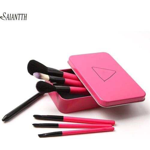 New rose red tin 7pcs makeup brushes set foundation blush powder eyeshadow lip kit professional cosmetic tool beauty portable