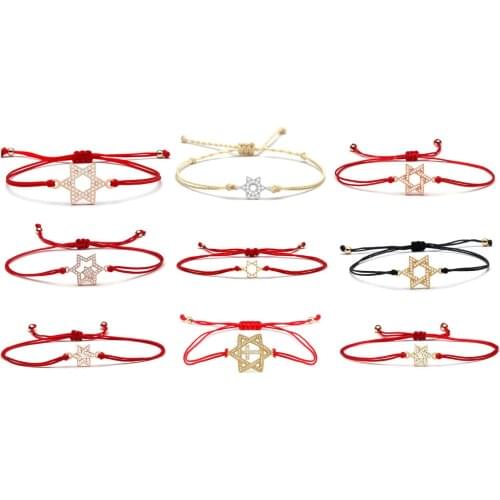 AAA Cubic Zirconia Copper Star Of David Charm Bracelet Brass Unicursal Hexagram Plated Rhodium Red Cord Handmade Jewelry Present
