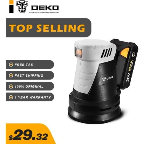DEKO 20V Cordless Random Orbit Sander with 15 Sheets of sandpaper and Hybrid dust canister Lithium-Ion Battery 10,000/min