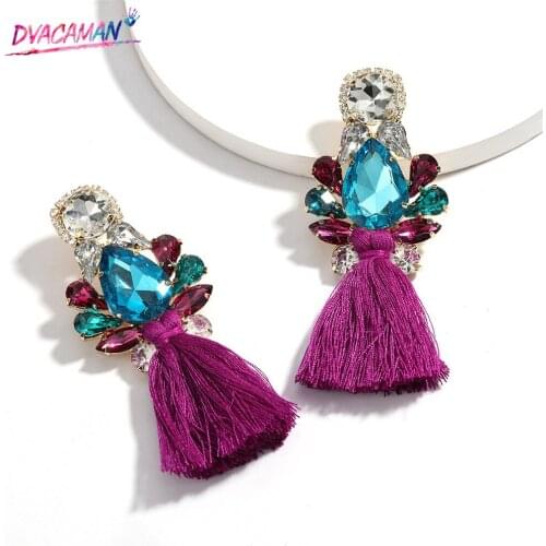 Dvacaman New Design Colorful Rhinestone Tassel Long Drop Earrings for Women Boho Handmade Cotton Thread Macrame Earrings Jewelry