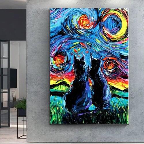 Graffiti Van GoghS Starry Sky Animal Cat Dog Posters Fashion Abstract Wall Art Print Canvas Painting Kids Bedroom Decor Picture
