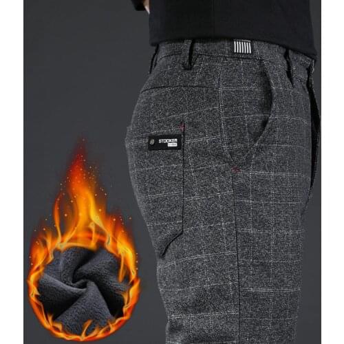 ICPANS Plaid Fleece Warm Mens Formal Winter Dress Pants Velvet Business Suit Pants Men Cotton Slim Elastic Trousers For Men