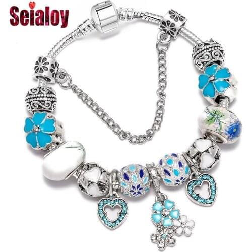 Classic Blue Magnolia Charm Bracelets For Women Men Original Crystal Heart Pendant Ceramic Flower Cloisonne Beads Bangles