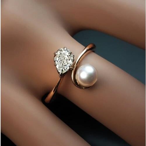 Cute Small White Pearl Thin Engagement Ring Luxury Female Crystal Water Drop Ring Charm Rose Gold Color Wedding Rings For Women