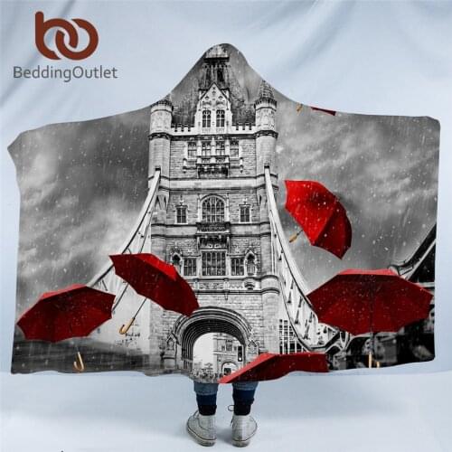 BeddingOutlet Red Umbrella Hooded Blanket Tower Bridge on River Thames Sherpa Fleece Blanket England London Wearable Blanket