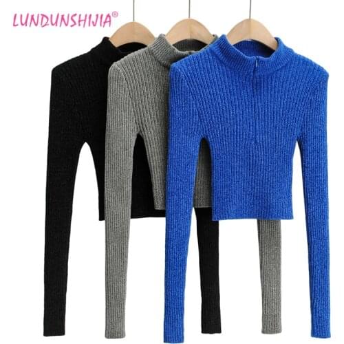 LUNDUNSHIJIA 2021 Spring Autumn Women Fashion Long-Sleeve Half Turtleneck Zip Sweaters Big Elastic Royal Blue Knitting Crop Tops