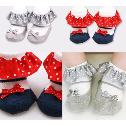 Fashion Infant Baby Girl Ruffled Dot Print Bowknot Cotton Princess Ankle Socks
