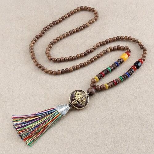 Unisex Handmade Nepal Buddhist Mala Wood Beads Pendant Necklace Boho Hippie Style Ethnic Long Pendant Men Womens Lucky Jewelry