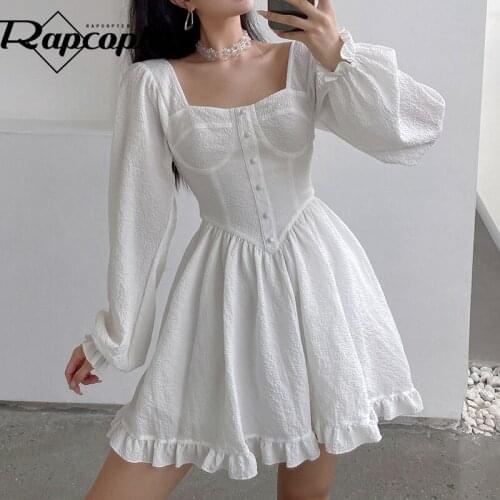 Rapcopter Ruffles Pleated Dress White Puff Sleeve Button Mini Dress y2k Vintage Party Elegant A-Line Dress Women Sweet Prepply