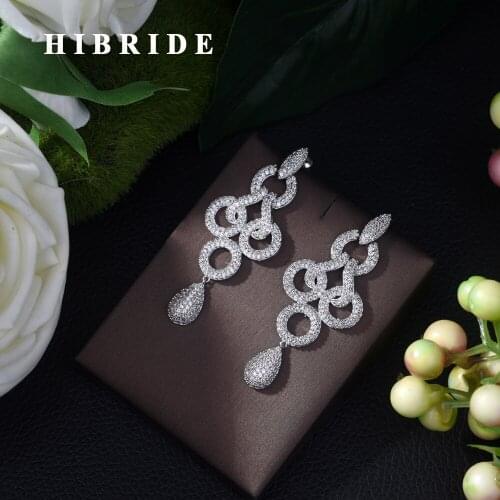 HIBRIDE Luxury Brand New Hot Fashion Popular Long Drop Dangle Earrings Full Cubic Zirconia Pave Wedding Earring for Women E-424