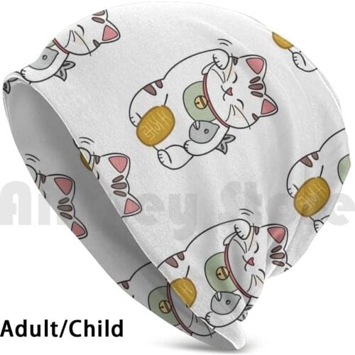 Lucky Cat Beanies Knit Hat Hip Hop Lucky Cat Lucky Kitty Kitten Cats Fortune Fish Cute Animals Kawaii Folklore Bell