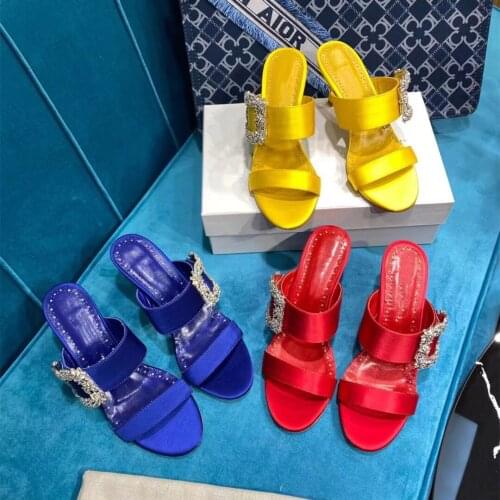 Diamond Decor Silk Slippers Women High Heels Real Leather New Slides Ins Luxury Brand Womens Party Woman Shoes High Heels Sexy