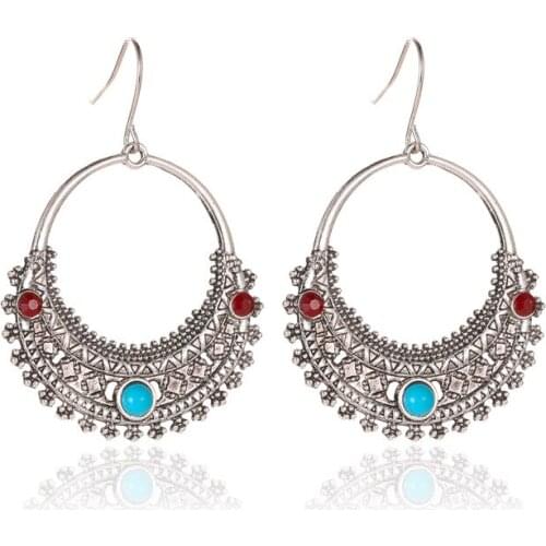 Vintage Court Earrings Ethnic Ancient Silver Color Drop Earrings For Women Carved Earing Moon-shape Earings Jewelry A916