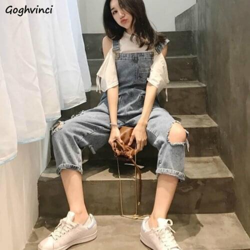 Jumpsuits Womens Pockets Hole Washed Vintage Fashion Lady Denim Trousers Casual Chic Loose All-match Streetwear Ulzzang 2020 Hot