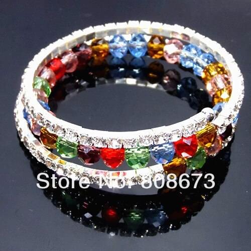 Retail Silver Plated Mixed Colorful Crystal Beads Women Bangle 3 Row Crystal Girls Bracelet