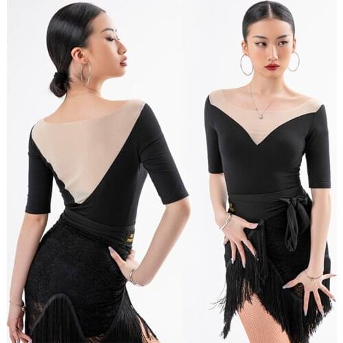 2021 Latin Dance Costumes Sexy Mesh V Neck Black Short Sleeves Tops Women Practice Clothes Samba Latin Performance Wear BL5760
